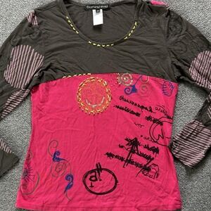 Clotheshead Shirt Womens Medium Pink Brown Embroidered Graphic Long Sleeve